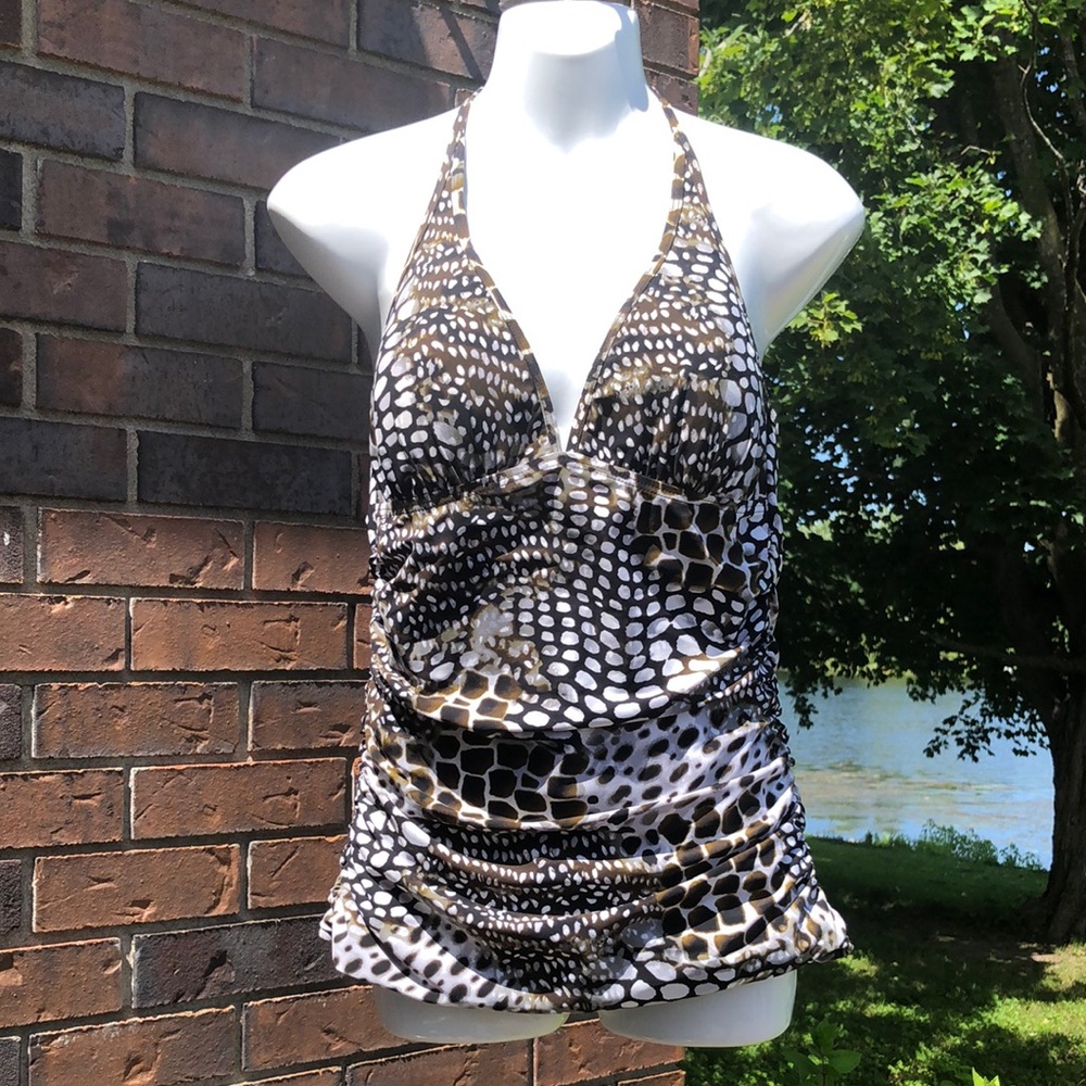 Animal Print Halter Tankini Top in Black, White & Brown